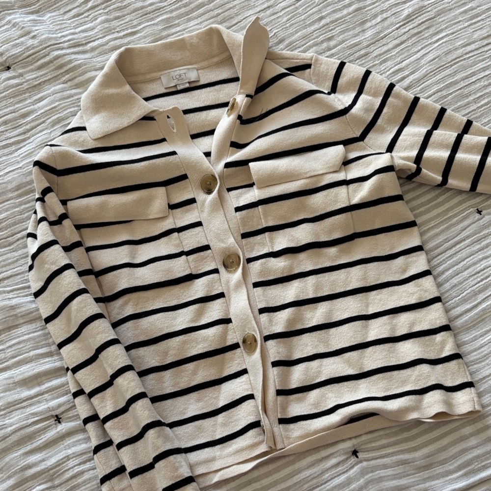 LOFT Beige and Black Striped Blouse